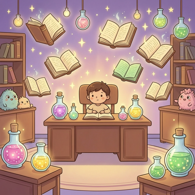 Magic School — child surrounded by floating books and glowing potions